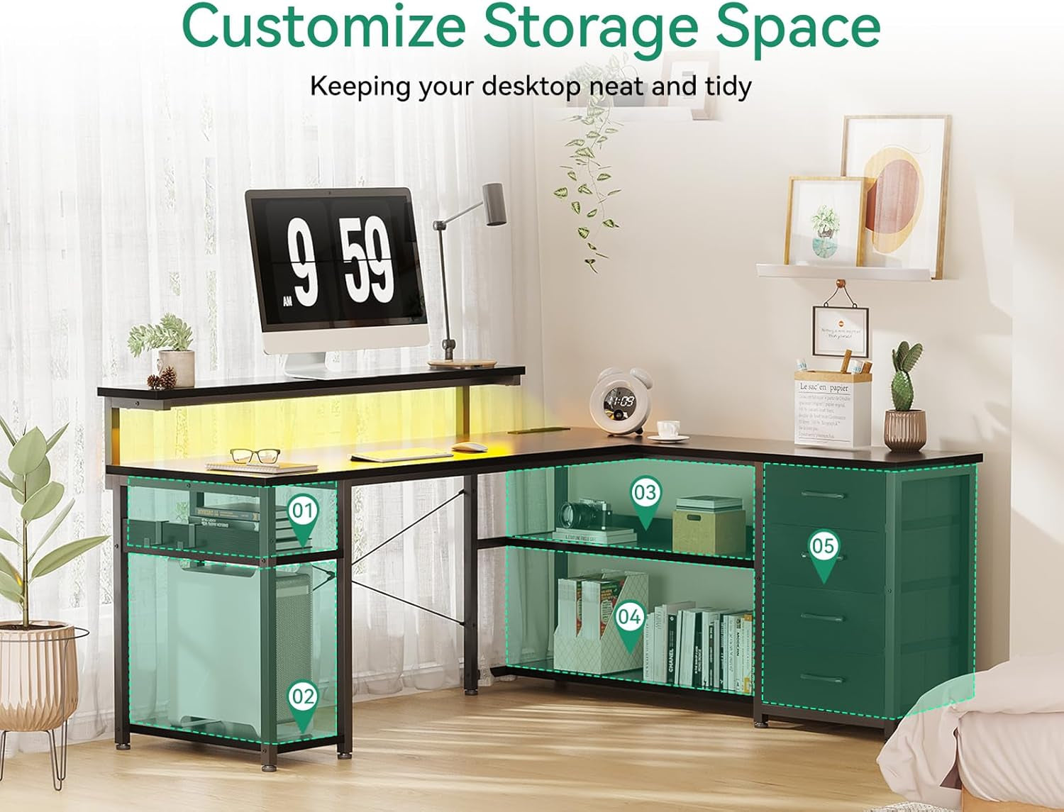 61" L Shaped Desk with Drawer, Computer Desk with Power Outlets & LED Lights, Reversible Corner Gaming Desk for Home Office Workstation, Office Desk with Monitor Shelf, Pure Black-3