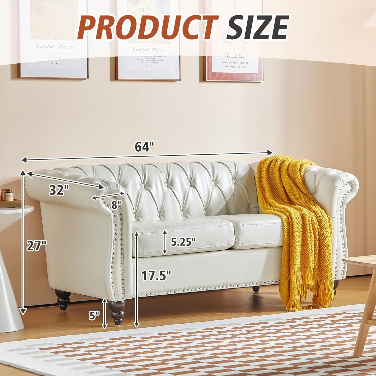 3 Piece Living Room Set, Chesterfield Faux Leather Sofa Loveseat Couch Chair with Scroll Arms and Nailhead for Living Room, Office (White)-2