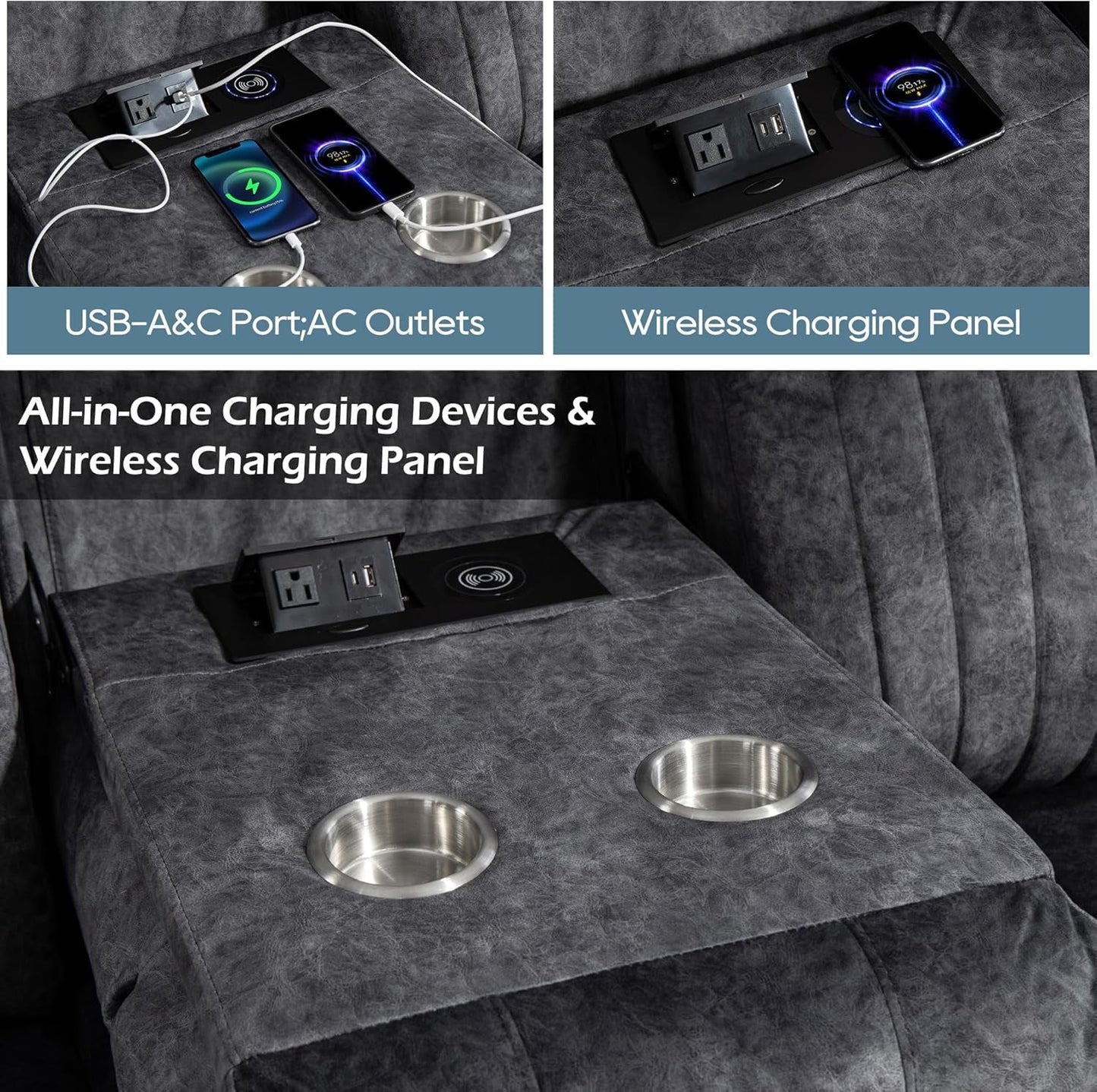 Zero Gravity Power Reclining Sofa with Adjustable Headrest, Electric Reclining Couch with Wireless Charge, Power Recliner Sofa Couch with Drop down Table,Cup Holder,Usb Ports (Grey)-4