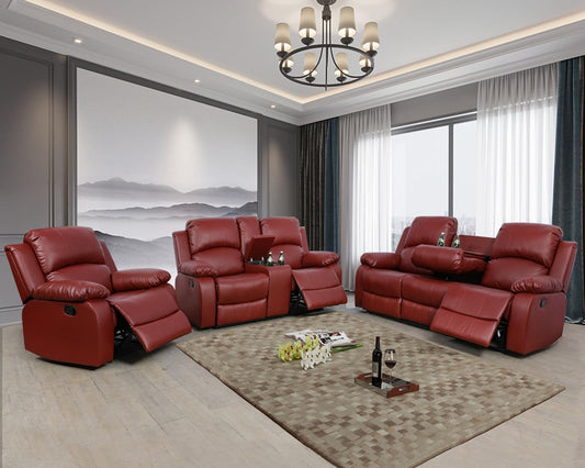 Manual Recliner Sofa Set, Bonded Leather Sofa Set Living Room Furniture, Reclining Sofa Set Leather Recliner Couch with Cup Holder/Storage Console for Living Room (3 Pieces Couch Set, Red)-0
