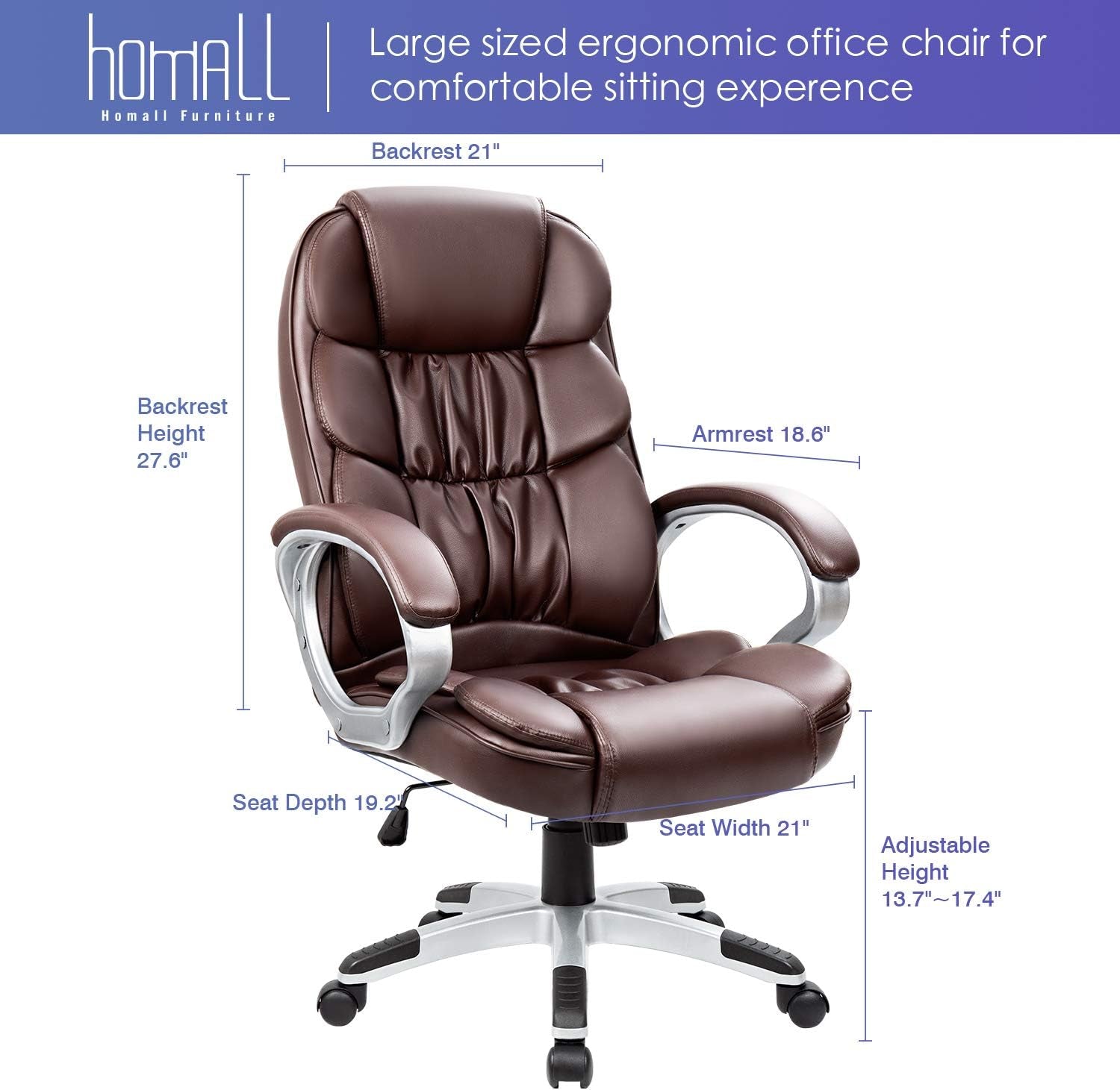 Office Chair High Back Computer Chair Ergonomic Desk Chair, PU Leather Adjustable Height Modern Executive Swivel Task Chair with Padded Armrests and Lumbar Support (Brown)-2