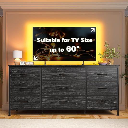 Dresser TV Stand with 9 Drawers for 60'' TV Stand for Bedroom Long Dresser for Bedroom Wide Dressers & Chests of Drawers, Sturdy Metal Frame & Wood Top, Living Room, Closet, Charcoal Black-1