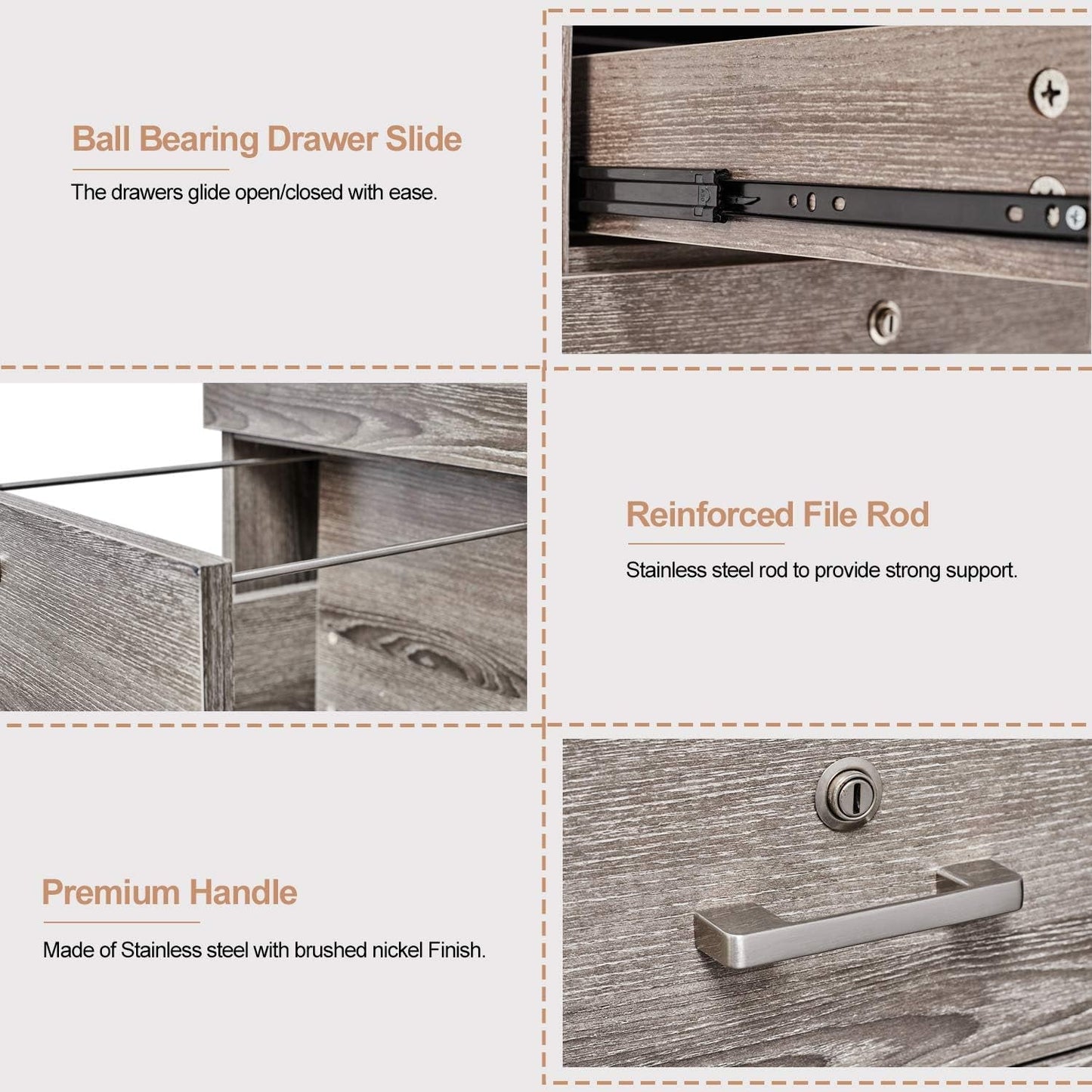 26"H 3 Drawer File Cabinet with Lock, Rolling File Cabinet under Desk, Mobile File Cabinets for Home Office, Wood File Cabinet Printer Stand for Letter Size Filings, Assembly Required, Gray Oak-4