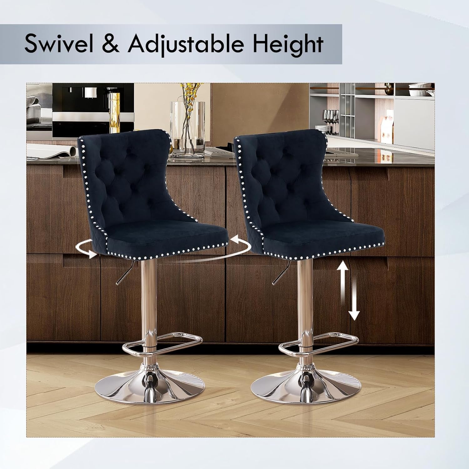 Velvet Adjustable Swivel Bar Stools Set of 4, High Tufted Back Modern Counter Height Stools-Chrome Base Footrest/Lion Pull Ring/Rivet Trim/Diamond Pattern Kitchen Dining Pub Bar Chairs, Black-2