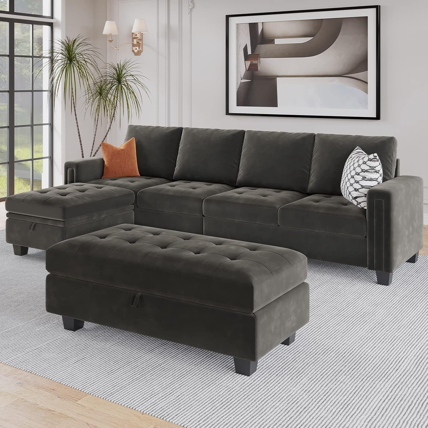 Velvet Convertible 4-Seat Sectional Sofa with Reversible Chaise L Shaped Sofa Couch Furniture Sets Sectional Couch with Storage Ottoman Grey-2