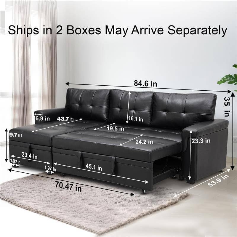 Transform Any Space: Sleeper Sectional Sofa with Convertible Sofa Bed & Inviting Chaise. Find Tranquil Comfort with Stress-Relieving Design & Durable Cushions - Black/Air Leather-2