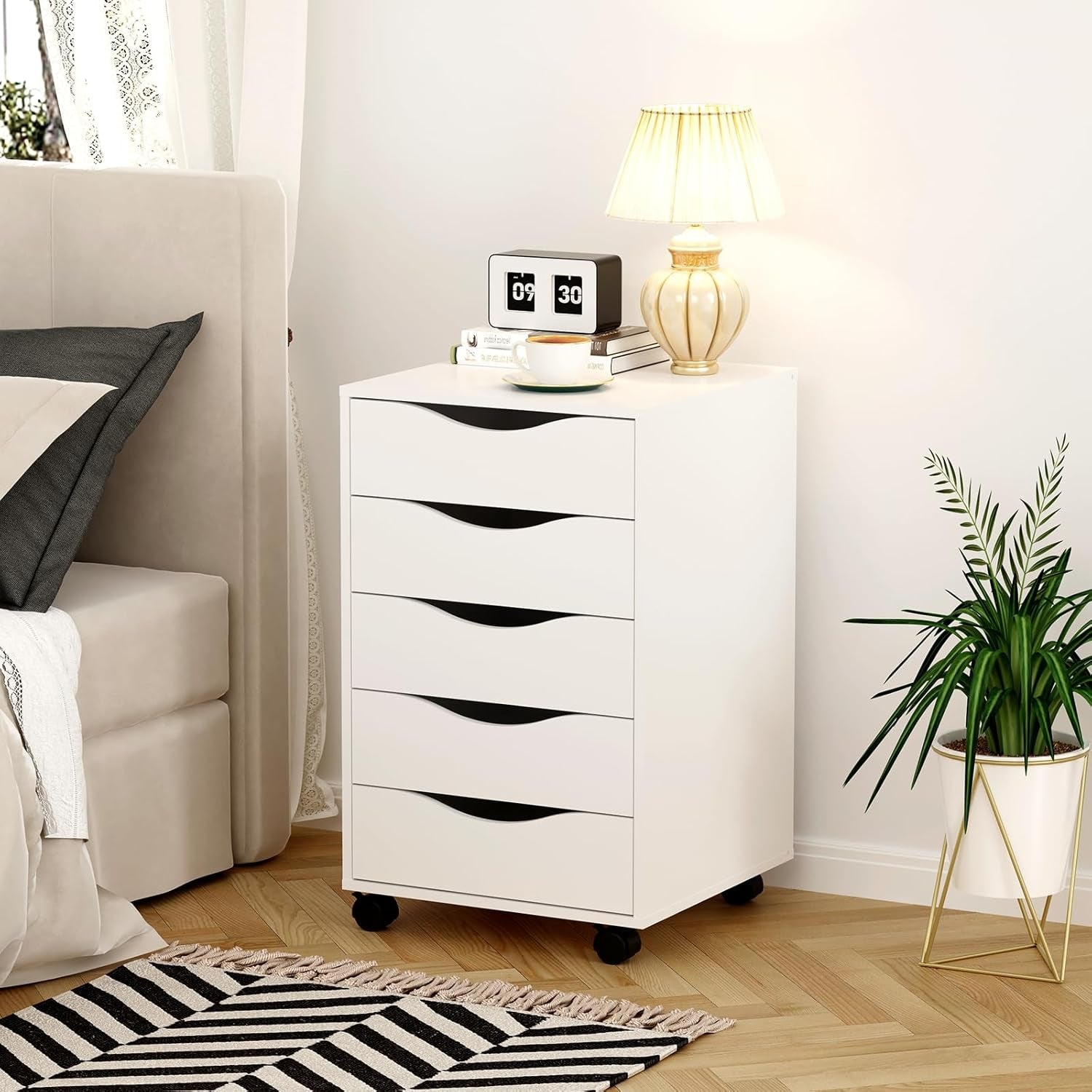 5 Drawer Chest Wood File Cabinet Rolling Storage Dresser with Wheels for Home Office, White-1