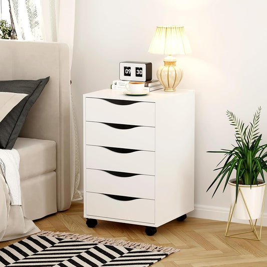 5 Drawer Chest Wood File Cabinet Rolling Storage Dresser with Wheels for Home Office, White-1