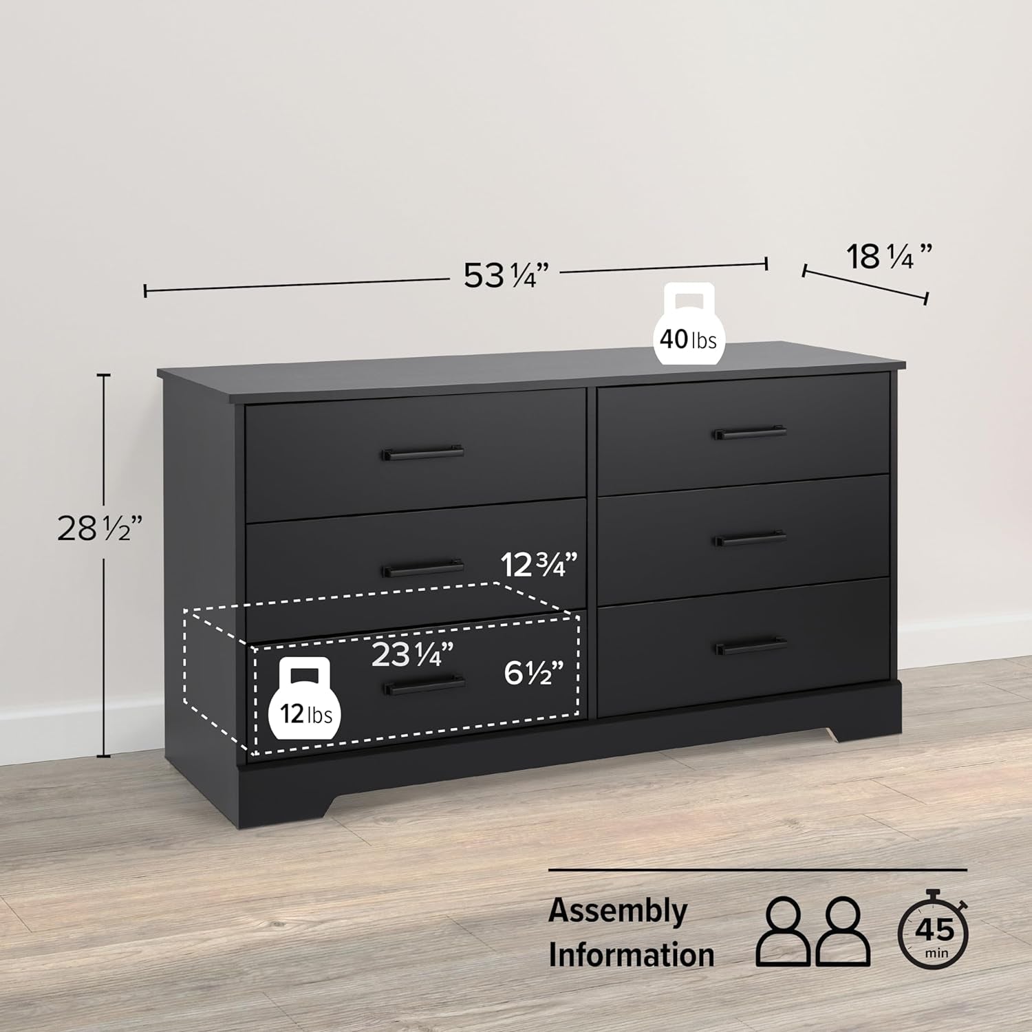 Rustic Ridge Farmhouse 6-Drawer Double Dresser, Black Dresser for Bedroom, Chest of Drawers with 6 Storage Drawers, 53.25” Wide X 18.25” Deep X 28.5” Tall, Black-2