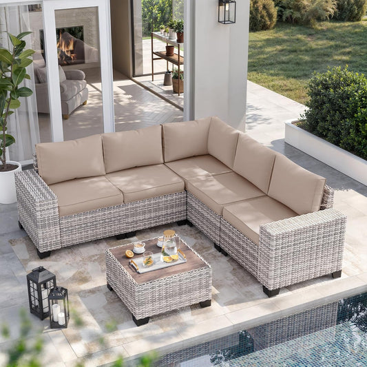 6-Piece Outdoor Patio Furniture Set Wicker Sectional Sofa Set, Patio Conversation Set with Thickened Cushions & Coffee Table for Garden, Backyard, Poolside, Beige-0