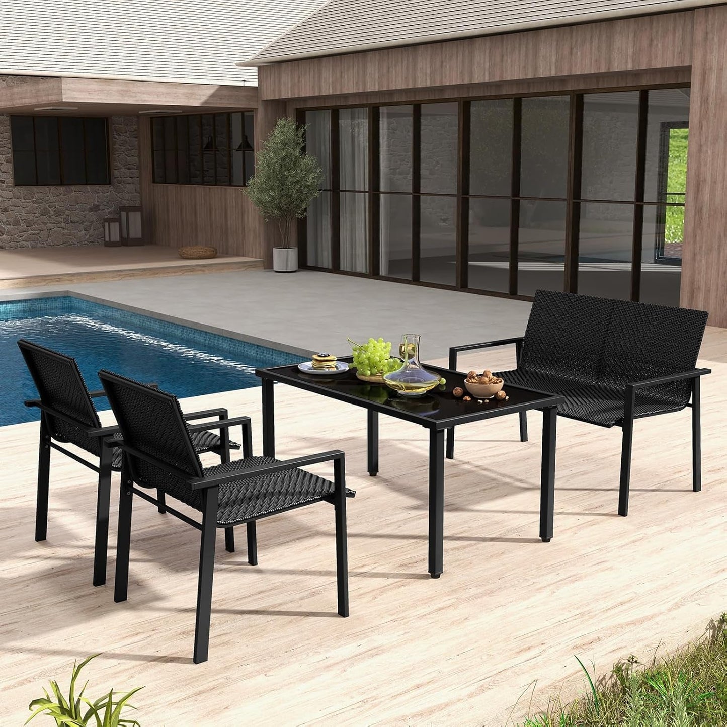 4 Pieces Wicker Patio Conversation Set with Coffee Table, PE Rattan Chairs with Galvanized Metal Frame, Outdoor Table and Chairs Set for Small Space, Balcony, Poolside, Backyard (Black)-2