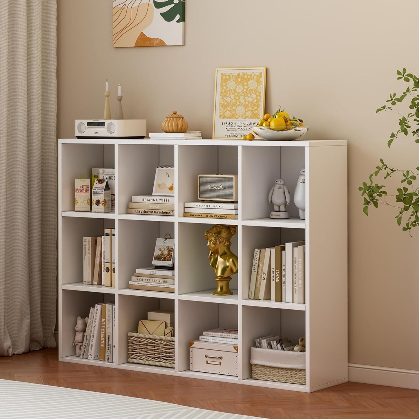 12-Cube Storage Shelf Bookcase - Wooden 3-Tier Floor Standing Open Bookshelf for Home and Office, Display Cabinet, Warm White-1