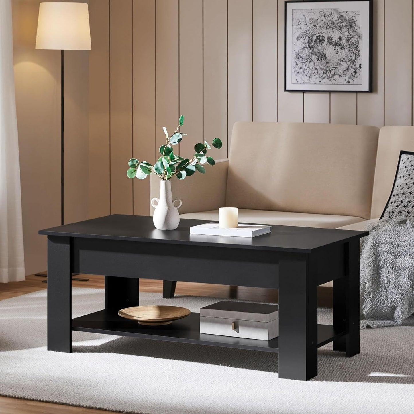 Lift Top Coffee Table with Hidden Compartment and Storage Shelf, Rising Tabletop Dining Table for Living Room Reception Room, 47.5In L, Black-3