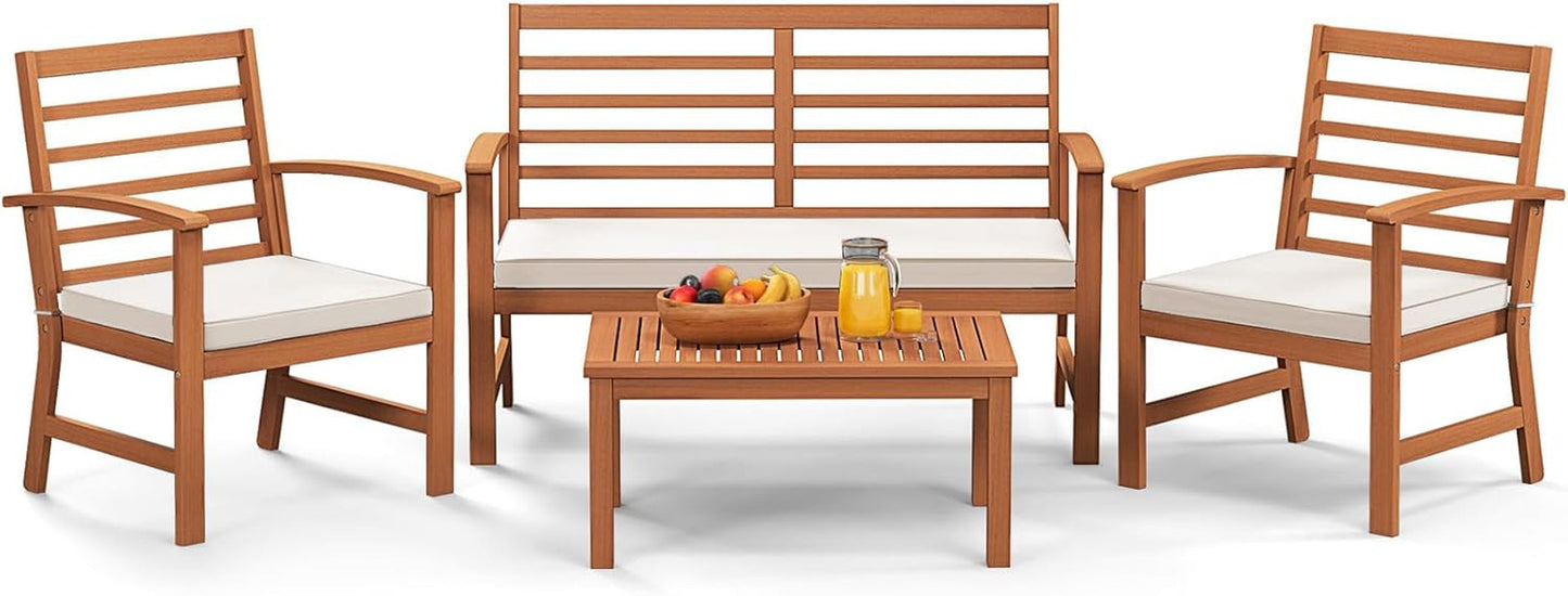 4 Pieces Outdoor Furniture Set, Acacia Wood Conversation Set W/Soft Seat Cushions, Stable Acacia Wood Frame, Patio Sofa & Coffee Table Set for Backyard, Porch, Poolside (White)-0