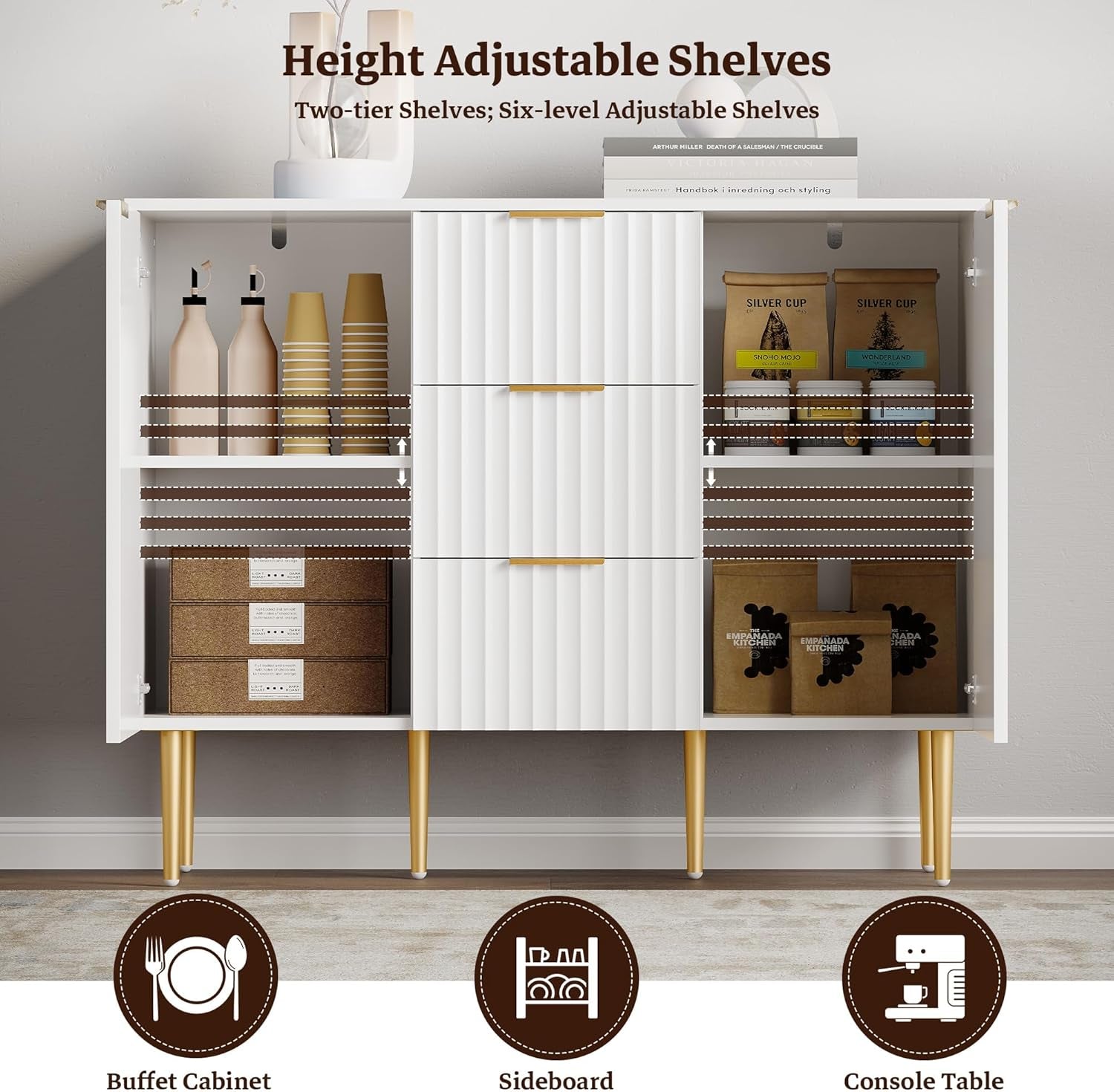 White Glossy Fluted Buffet Cabinet with 3 Drawers-4