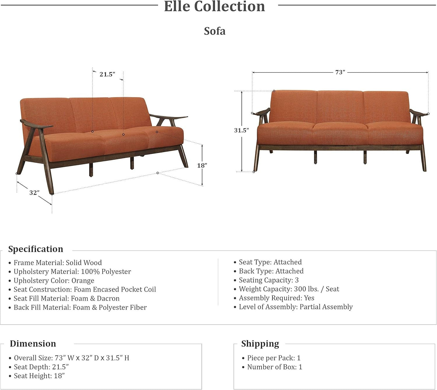 Elle 3-Piece Living Room Set, Orange-3