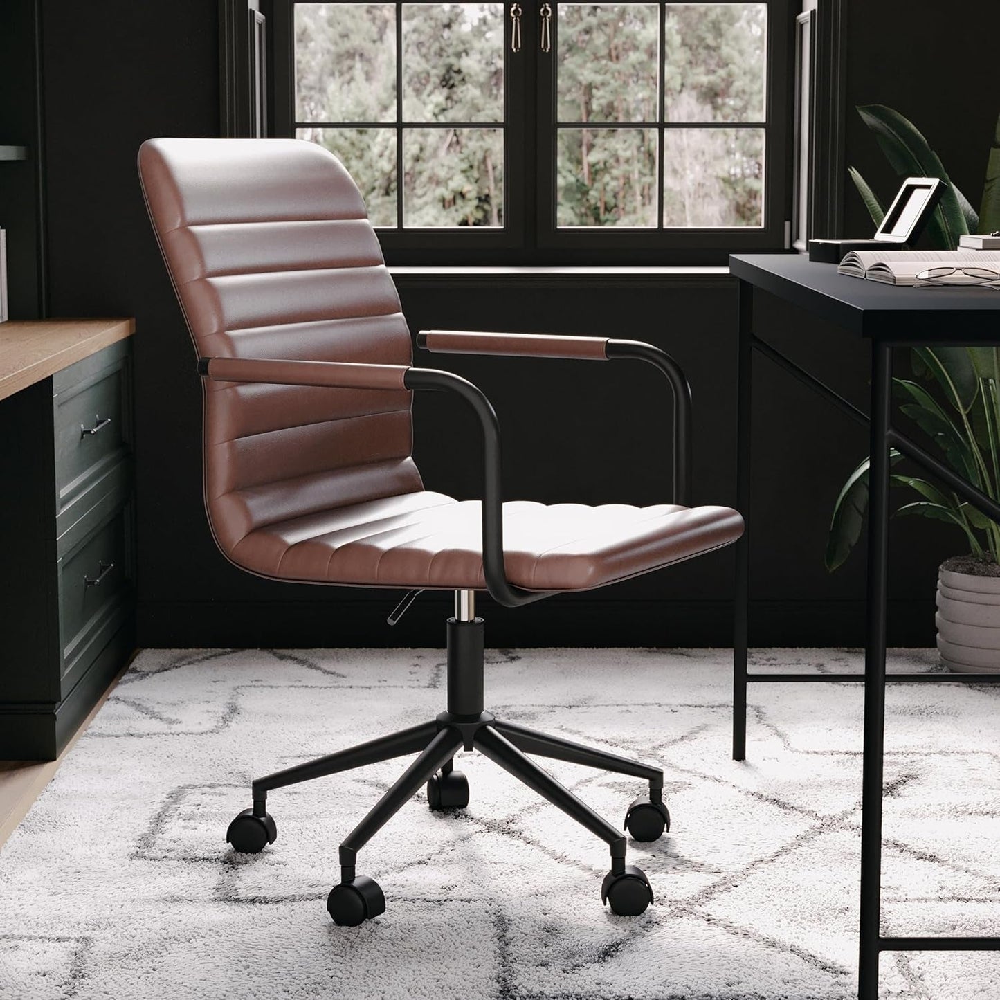 Taytum Swivel Task Chair with Armrests for Home Office in Saddle Brown Faux Leather with Oil Rubbed Bronze Frame-1