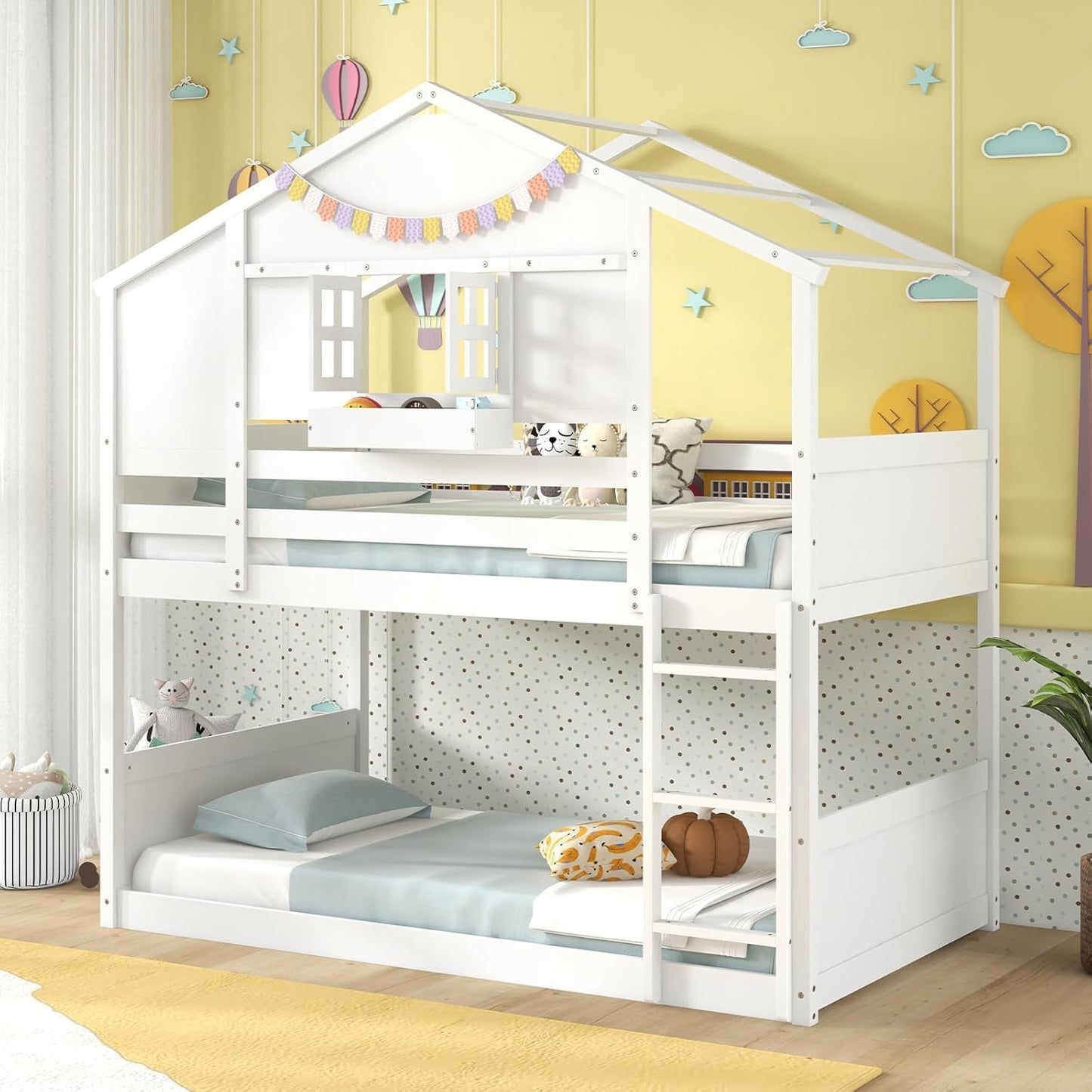 Bunk Bed Twin over Twin, Wood House Bed for Kids with Roof, Window Door, Storage Box, Safety Guardrails, Wood Slats & Ladder, Floor Bunk Bed for Junior Boys Girls, No Box Spring Needed, White-2