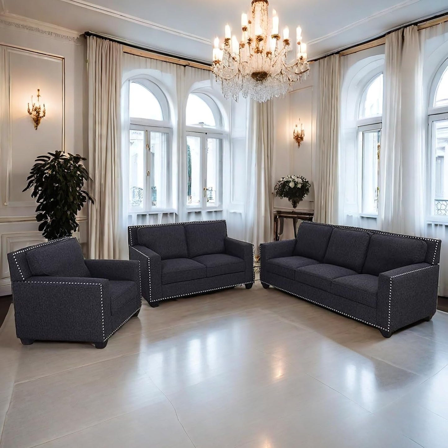 Couches Sofa for Living Room Set 3 Piece Modern Decor Sofa and Loveseat Set with Arms and Nailhead, Includes Loveseat Couch and Armchair-2