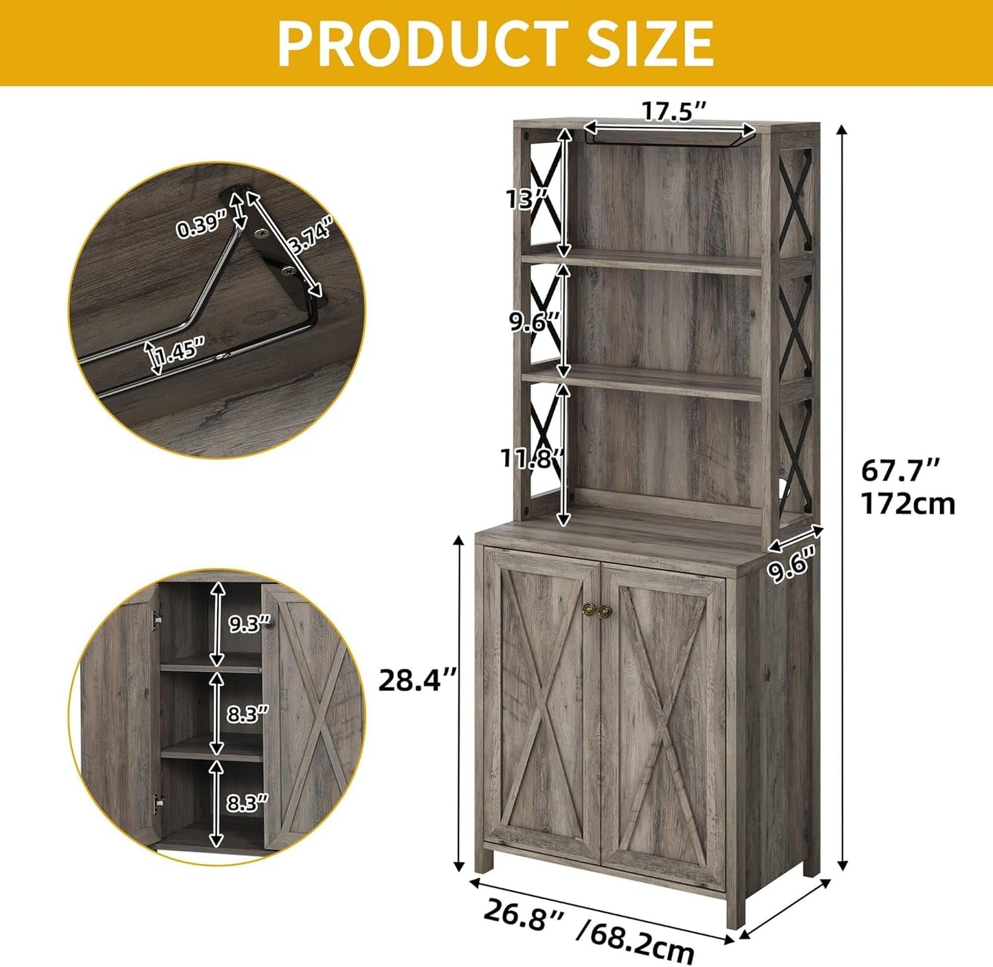 67" Farmhouse Wine Bar Cabinet Liquor Glasses Grey-2