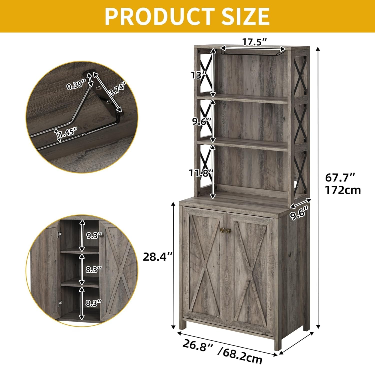 67" Farmhouse Wine Bar Cabinet Liquor Glasses Grey-2