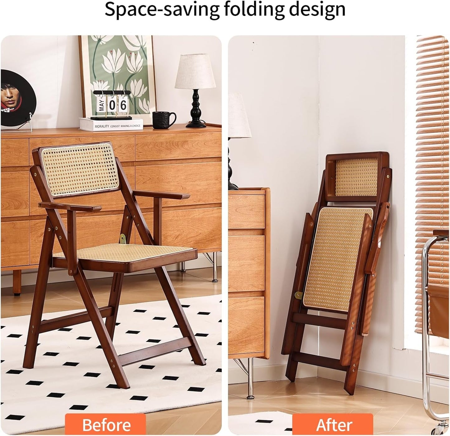 Rattan Folding Dining Chairs Set of 2, Modern Mid Century Dining Chairs with Arms, Outdoor Bamboo Chairs for Bedroom, Living Room, Reading Room, Walnut-3