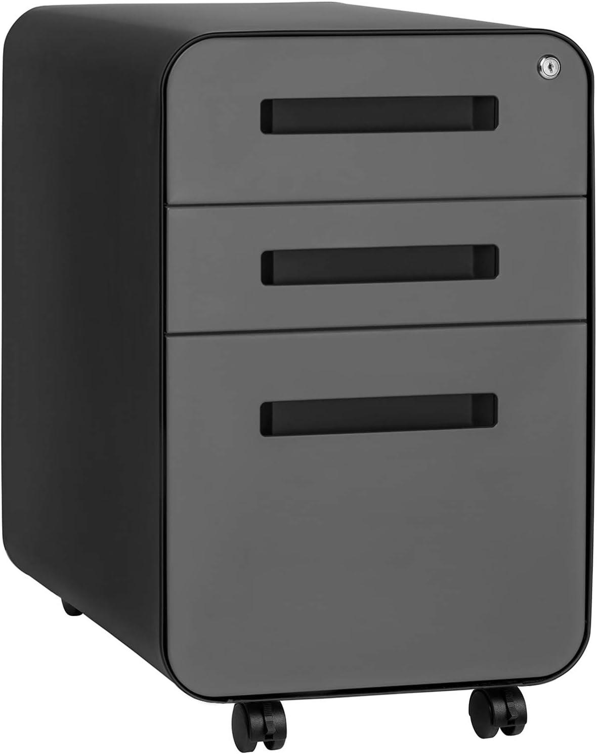 Stockpile 3 Drawer File Cabinet with Lock - under Office Desk Metal Filing Cabinet, Legal/Letter File Folders, Wheels and Stationary Feet, Pre-Assembled, Black/Grey-0