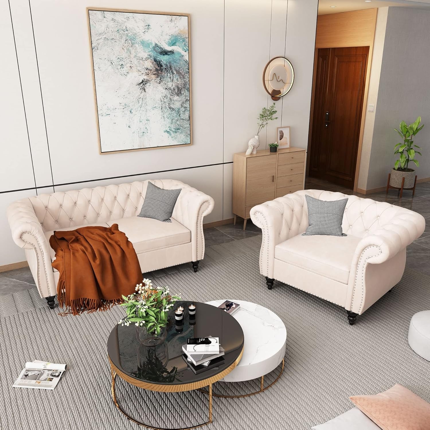 2 Piece Living Room Set, Chesterfield Velvet Sofa Loveseat Couch Chair with Scroll Arms and Nailhead for Living Room, Office (Beige, 1-2)-1