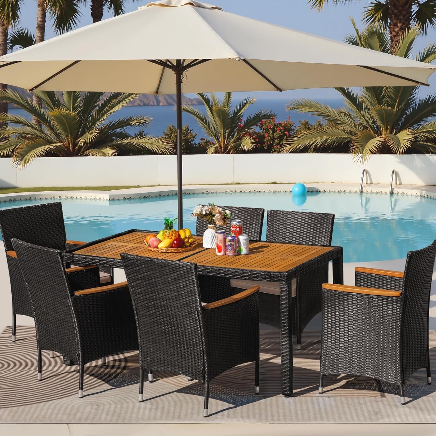 7 Pieces Outdoor Patio Dining Set, Conversation Sets with 1 Table and 6 Rattan Chairs with Curved Acacia Wooden Armrests and Cushions, Black-1