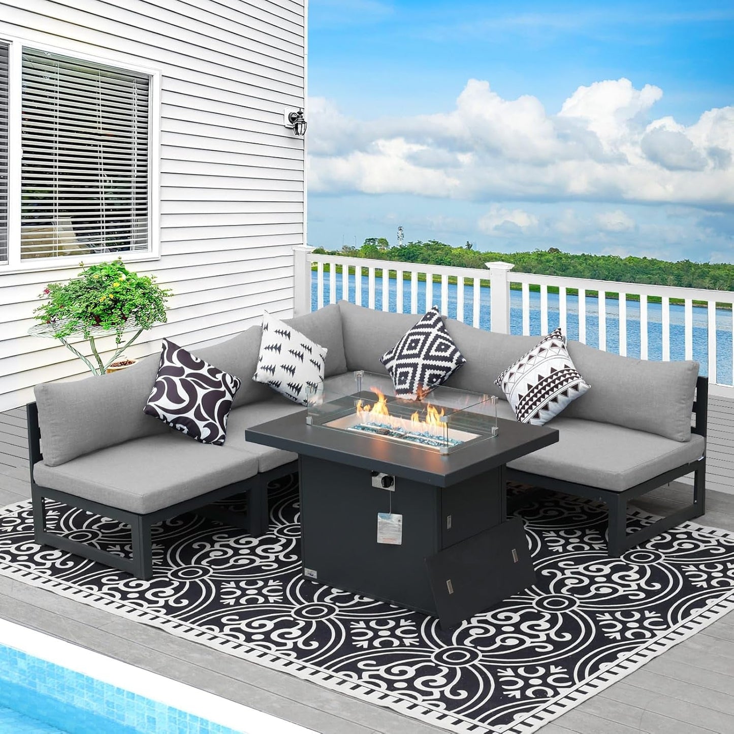 ® Modern Large Grey Aluminum Outdoor Patio Furniture Set with Fire Pit Table, 29'' Deep Wide Seating Conversation Sofa L Shaped Sectional Couch Set (6 Pieces, 5 Seats)-0