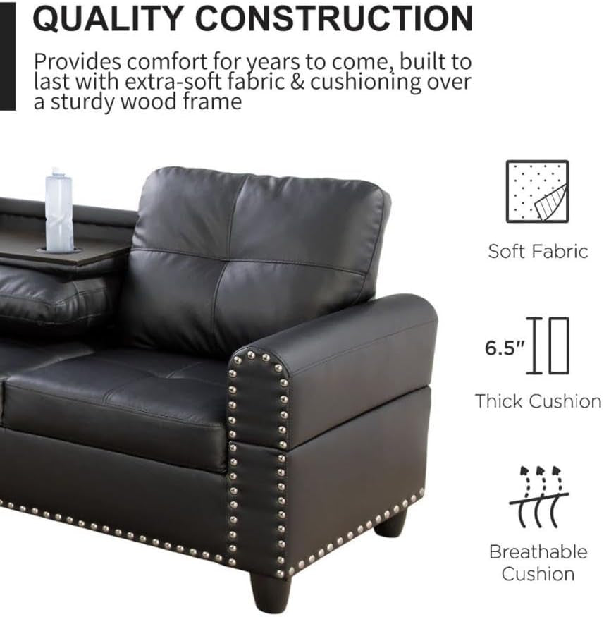 Sectional Couches for Living Room Furniture Sets,L-Shaped Couch W/Cup Holders,Faux Leather Nailhead Trim Sofas with Storage Ottoman and Chaise Lounge for Small Space Apartment-Gray-4