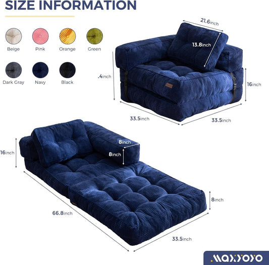 Folding Sofa Bed, L-Shaped Convertible Sofa Bed with Armrest Foldable Sleeper Sofa with Pillow, Portable Fold Out Chair Bed Comfy Floor Sofa Lounge for Living Room Bedroom, Navy-1