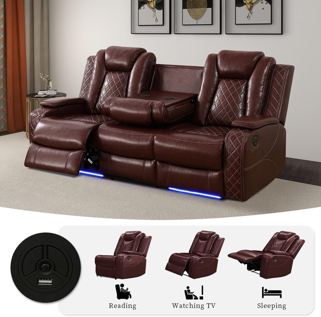 Living Room Furniture Set Brown Breathing Reclining Leather Sofa Living Room Power Recliner Adjustable Manual Sofa with UPS Ports/Led Light/Wireless Charger for Living Room, Office, Rv Car-4
