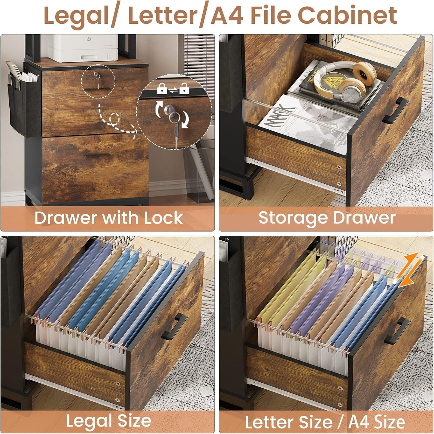 2 Drawer File Cabinet with Lock, Filing Cabinet Fits Letter, Legal, A4 Size, Hanging File Folders, File Cabinets for Home Office with Adjustable Storage Shelf and Hook, Rustic Brown-3