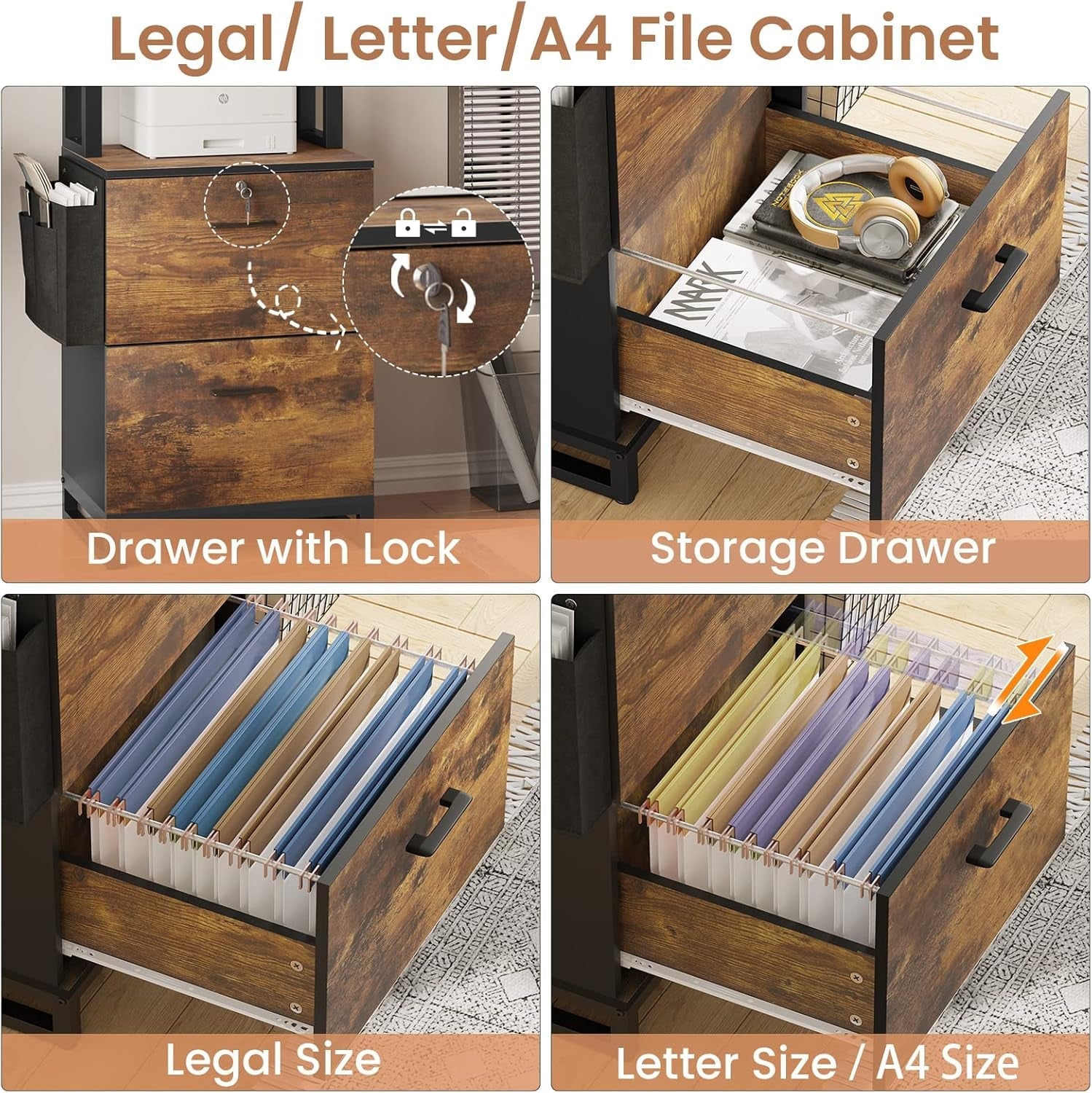 2 Drawer File Cabinet with Lock, Filing Cabinet Fits Letter, Legal, A4 Size, Hanging File Folders, File Cabinets for Home Office with Adjustable Storage Shelf and Hook, Rustic Brown-3