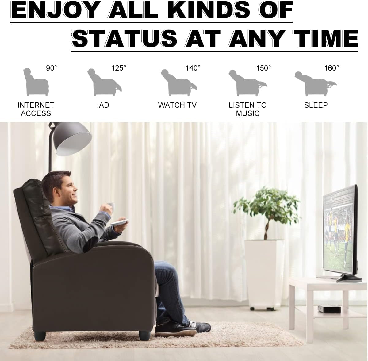 Massage Recliner, Recliner Chair for Living Room Sofa Reading Chair, Home Theater Seating Modern Reclining Easy Lounge with PU Leather Padded Seat Backrest Brown, 29.8 X 27 34 Inches (SS-AC207)-3