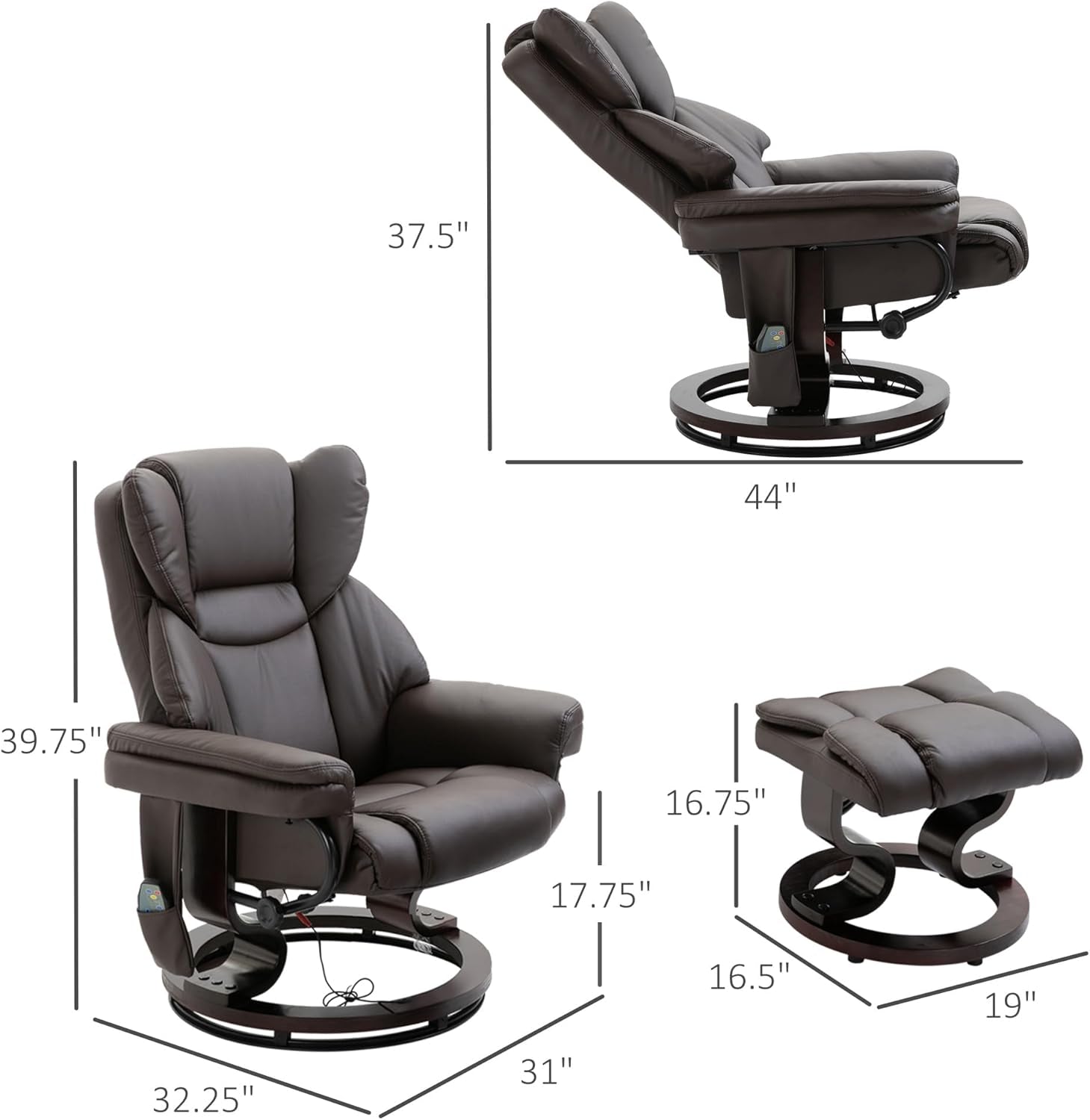 Massage Recliner Chair with Ottoman Footrest, 10 Vibration Points, 360° Swivel Reclining Chair, Faux Leather Living Room Chair with Side Pocket and Remote Control, Brown-2
