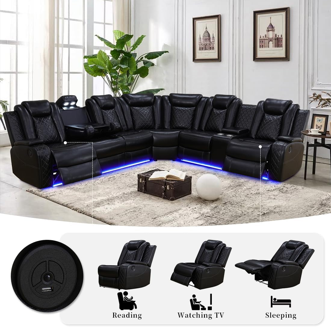 Living Room Furniture Set Black Leather Sofa Living Room Set Power Recliner Adjustable Sofa,Loveseat and Chair with Cup Holders/Storage Console/Led Light/Ups Port for Living Room, Office-2