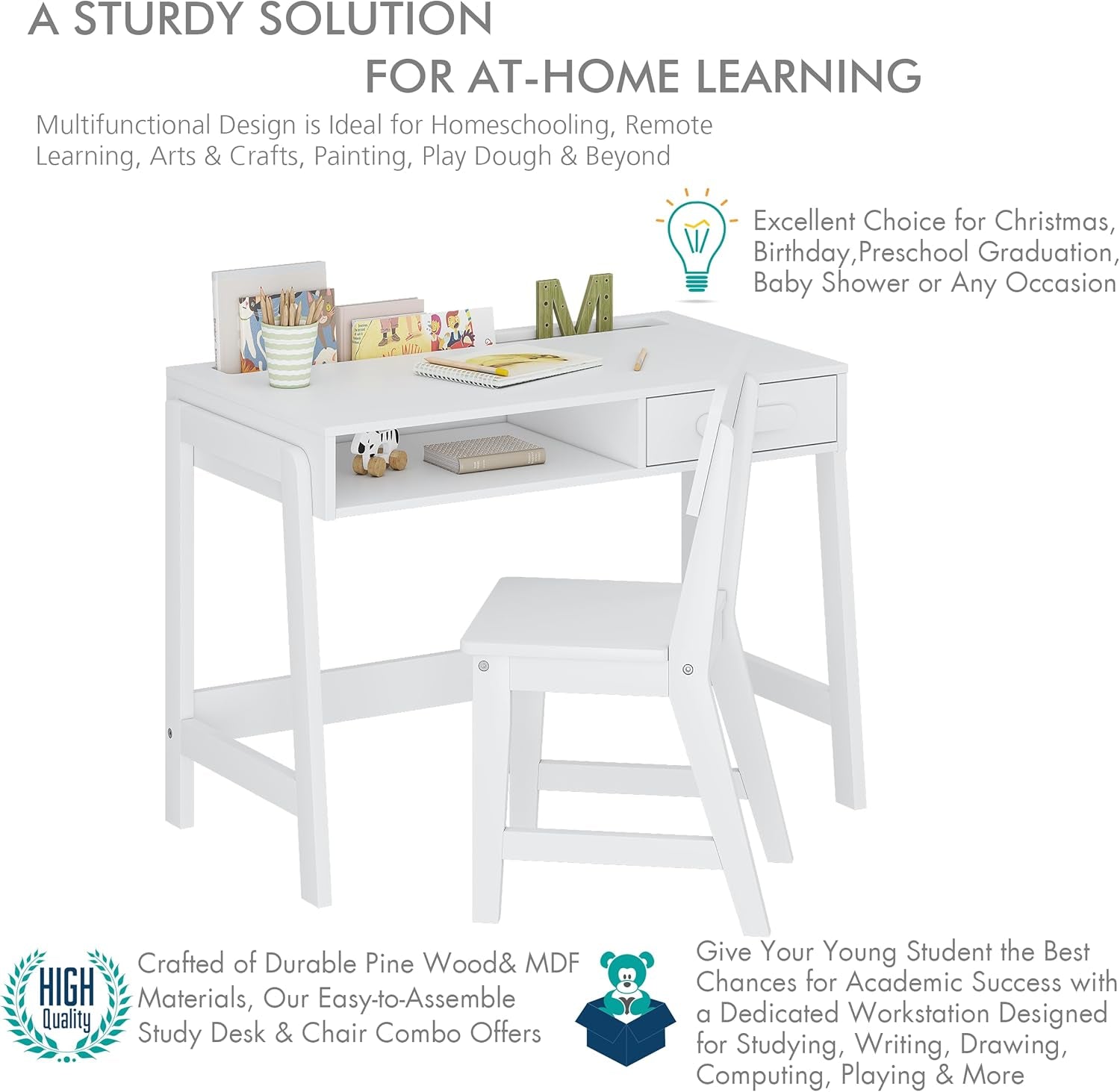 Kids Desk and Chair Set, Study Desk for Kids with Drawers, Wooden Children Study Table, Student Writing Desk Computer Workstation for Bedroom & Study Room-4