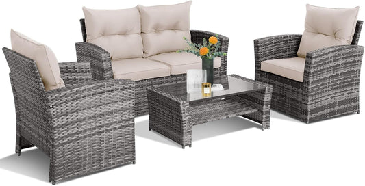 Patio Furniture Set,Outdoor Seating Patio Loveseat, 4 PCS Rattan Wicker Conversation Set with Glass Top Table and Chairs for Garden, Porch, Deck (Beige, 4Pcs)-0