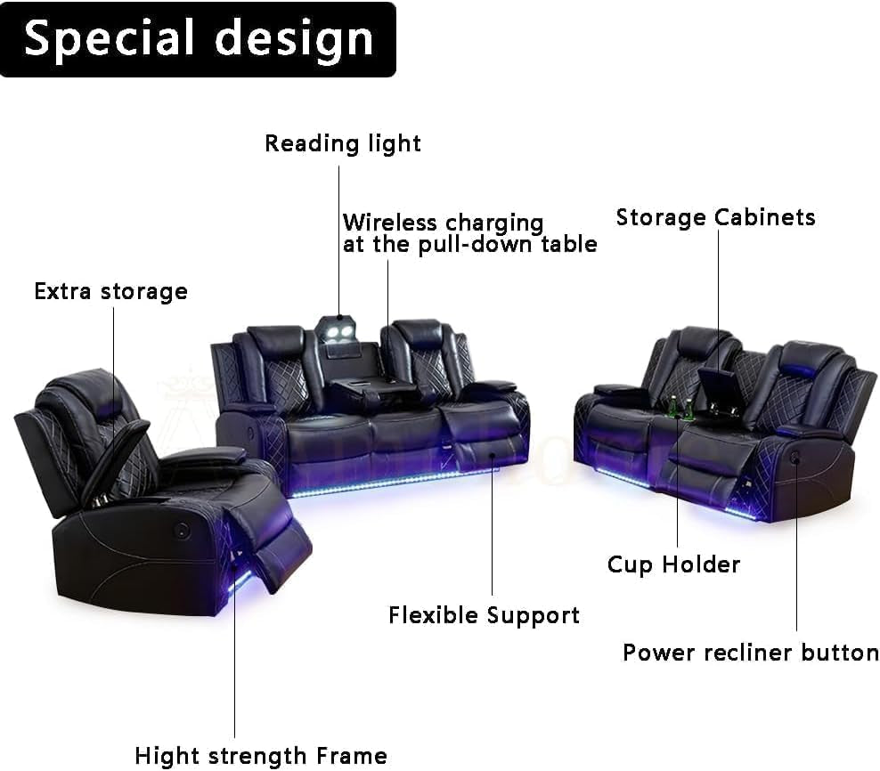 Multifunction Power Recliner Couch Set with LED Light, Storage Console, Cup Holders, USB Charging Port (3Piece, Black)-2