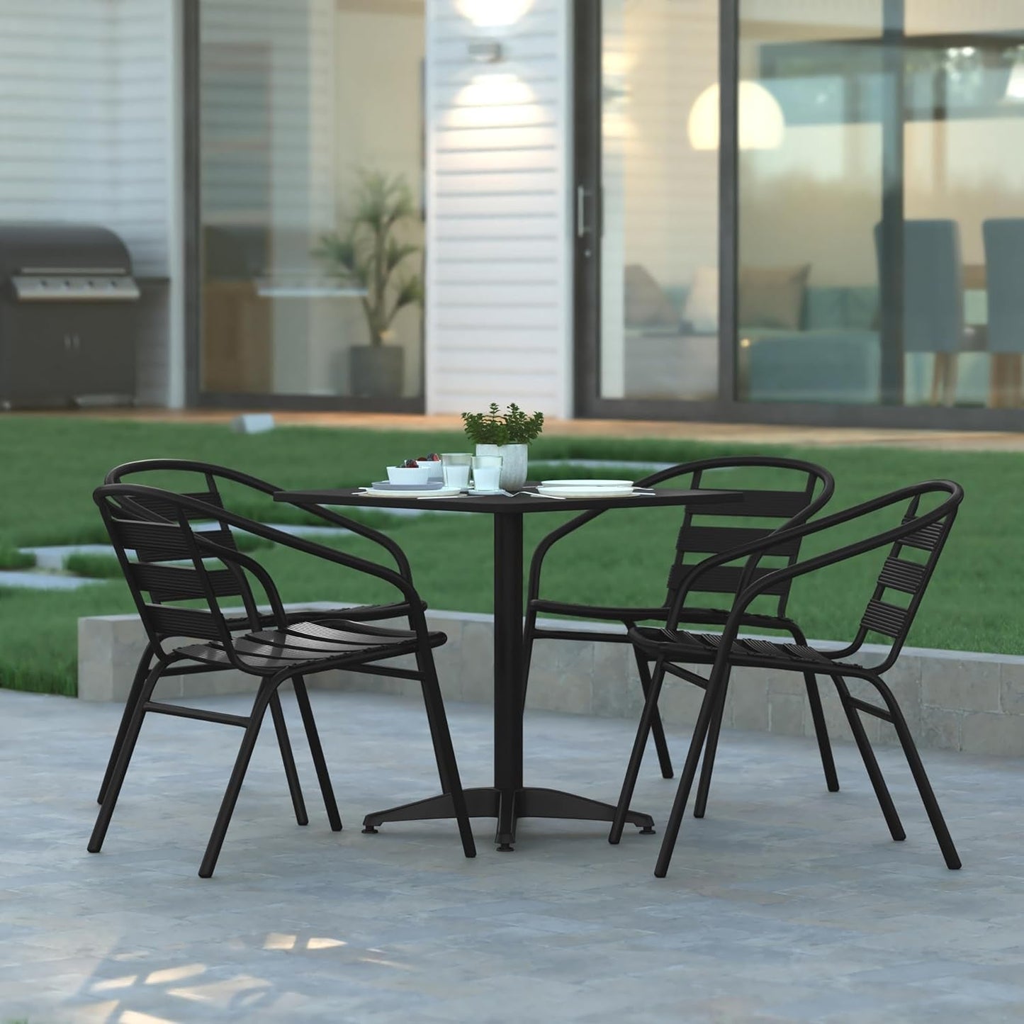 Rhea 27.5" Square Glass Metal Table with 4 Slat Back Chairs - Black - 5 Piece Patio Set - All-Weather for Indoor/Outdoor Use-0