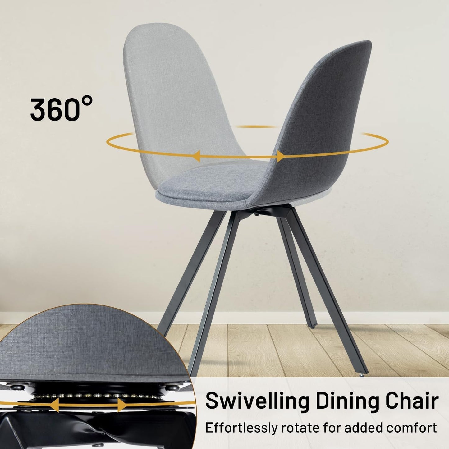 Dining Chairs Swivel Set of 4, Fabric Accent Side Chair Armelss Mid Back with Padded Rotated Seat Cushion and Metal Legs for Kitchen, Dining Room, Living Room, Bedroom, Slubbed Grey-4