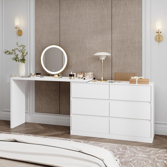 6 Drawer Dresser with Rotatable Tabletop, Modern Chest of Drawers with Extendable Desk (No More than 98" W), Drawer Organizer for Bedroom Home Office, White Dresser-0