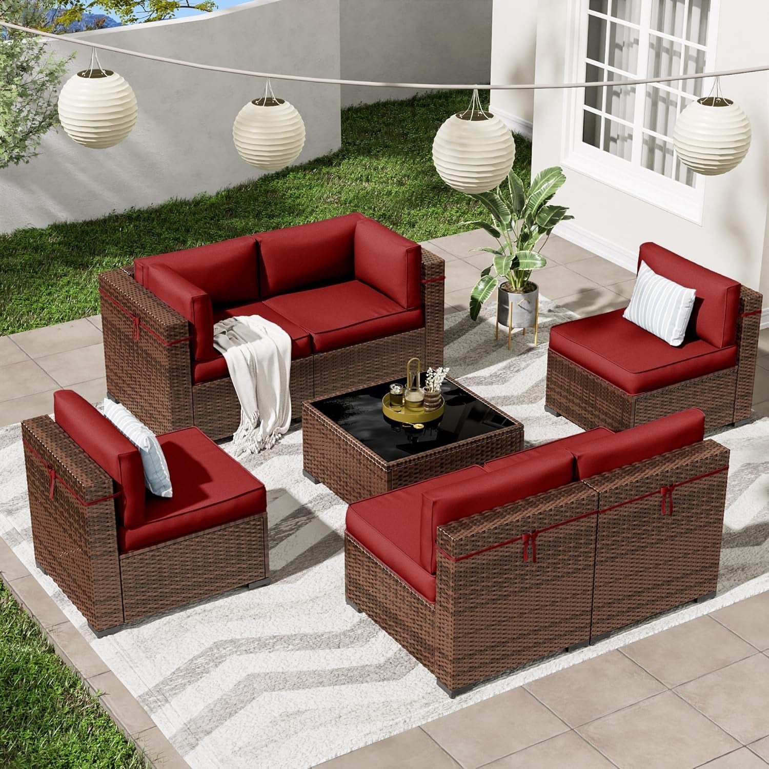 Patio Furniture Set, Modular 7-Piece Patio Conversation Sets with Coffee Table, All-Weather Wicker Outdoor Sectional for Backyard and Balcony, Wine (Waterproof Covers Included)-0