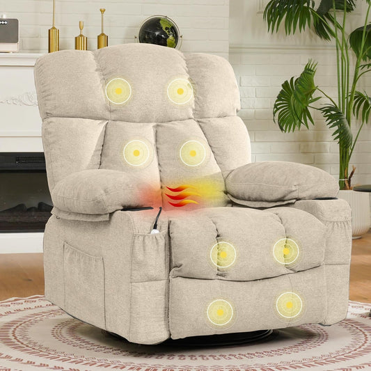 XRC3 Rocker Recliner Chair for Adults W/Massage & Heat, 360° Swivel Recliner Chair W/Cup Holders, USB Port, Manual Glider Rocking Chair for Living Room Nusery,Beige-0