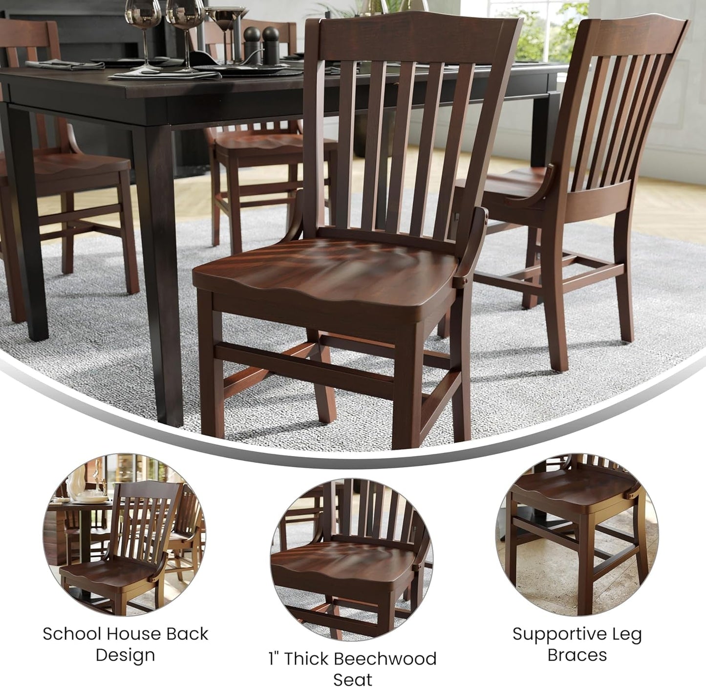 Hercules Series School House Back Mahogany Wood Dining Chair, Traditional Elegant Wood Restaurant Chair, Walnut Wood-4