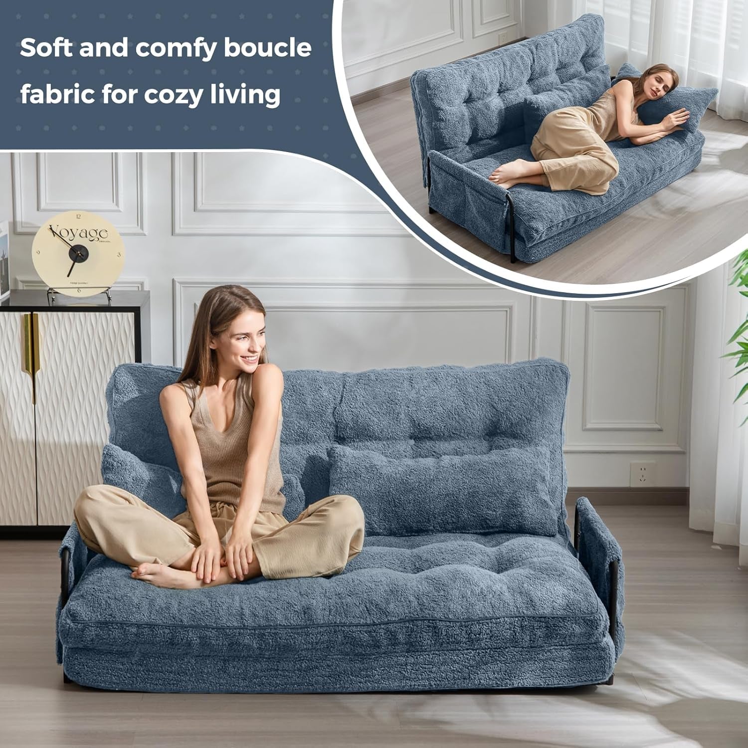 Adjustable Floor Sofa Couch with 2 Pillows, 5-Position Boucle Bean Bag Bed, Convertible Lazy Sofa Sleeper Bed with Armrest, Versatile Floor Seating Sofa for Living Room, Dusty Blue, Double-3