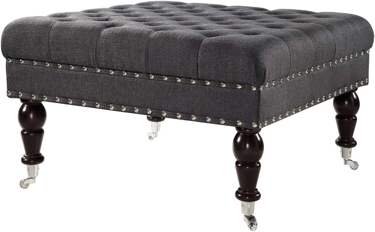 Charcoal Gray Tufted Ottoman with Rolling Wheels-2