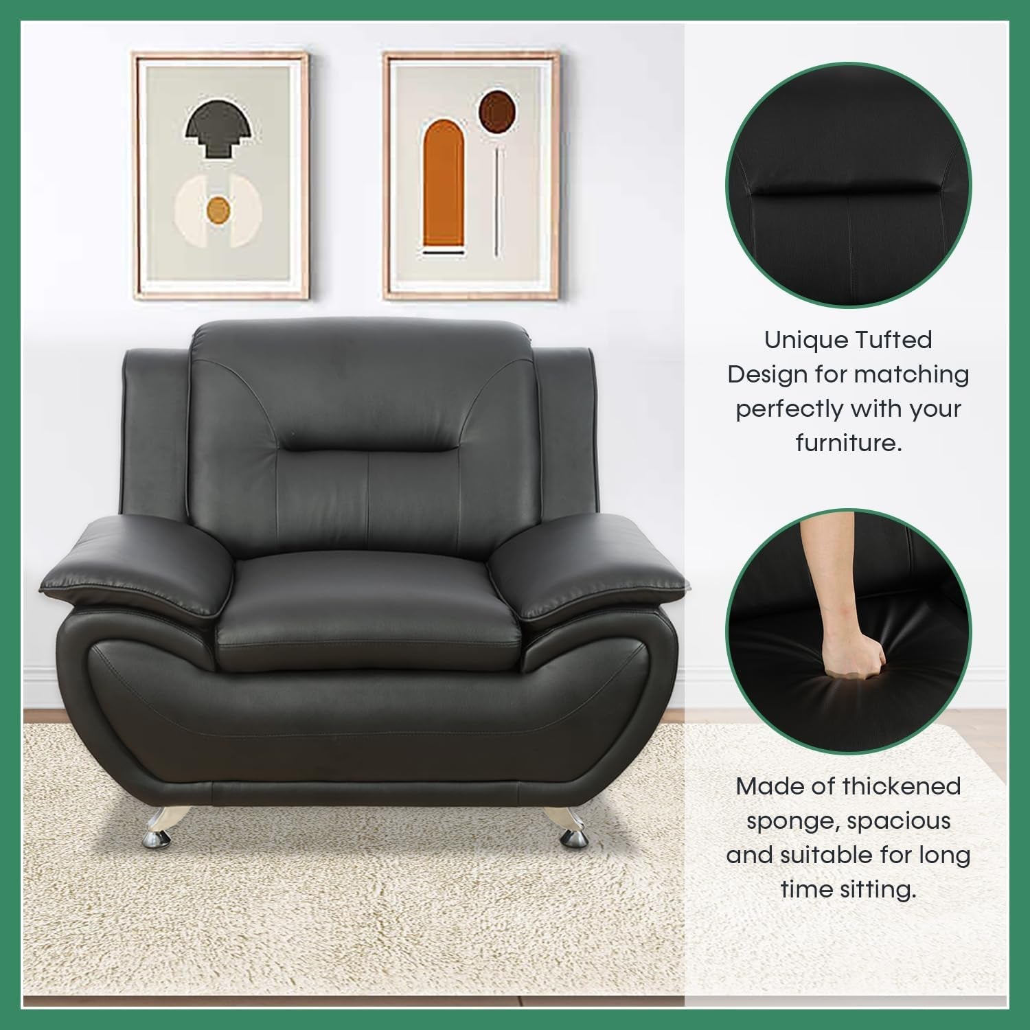 Leather Sofa Set,Leather Sofa Set for Living Room Furniture Sets,Oversize Loveseat Sofa with Chair for Living Room/Office/Apartment(A-Black,3-Piece)-3